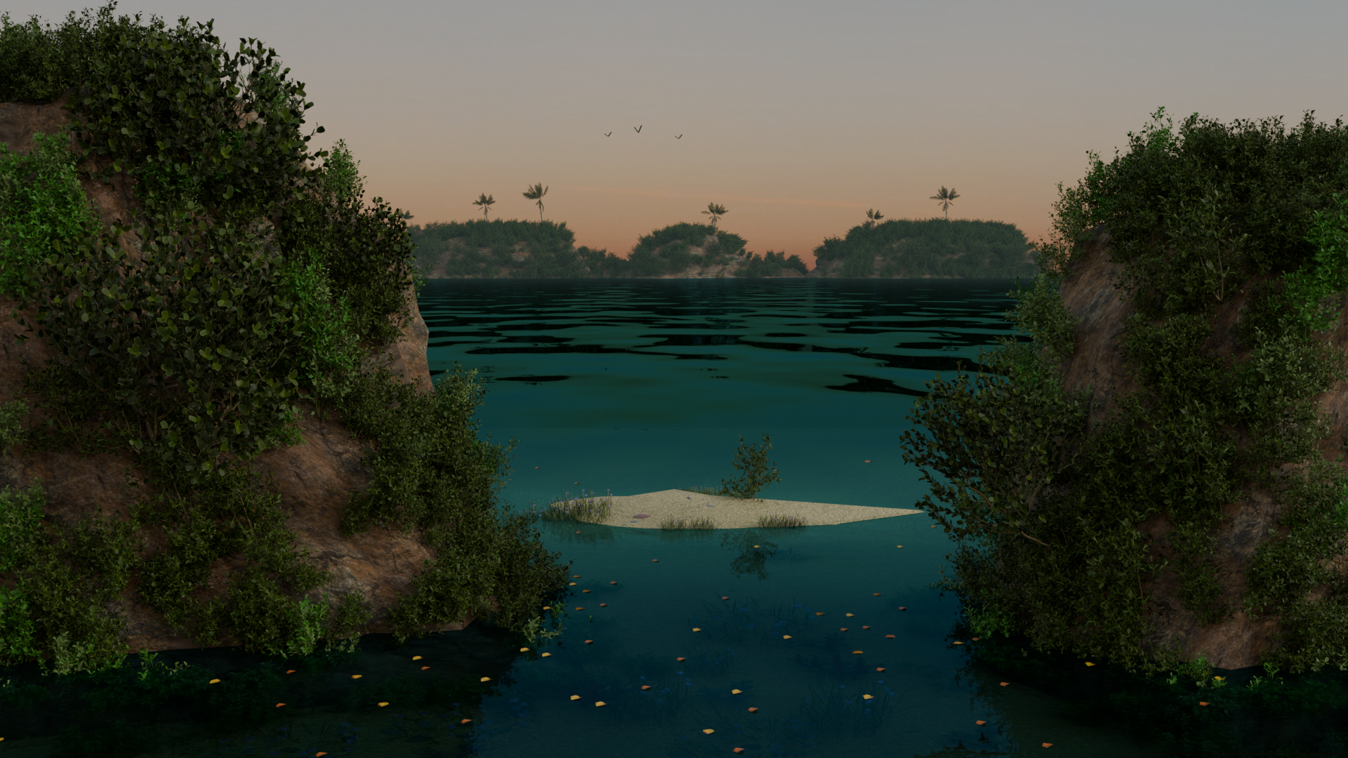 3D render of a tropical coastal inlet at dusk