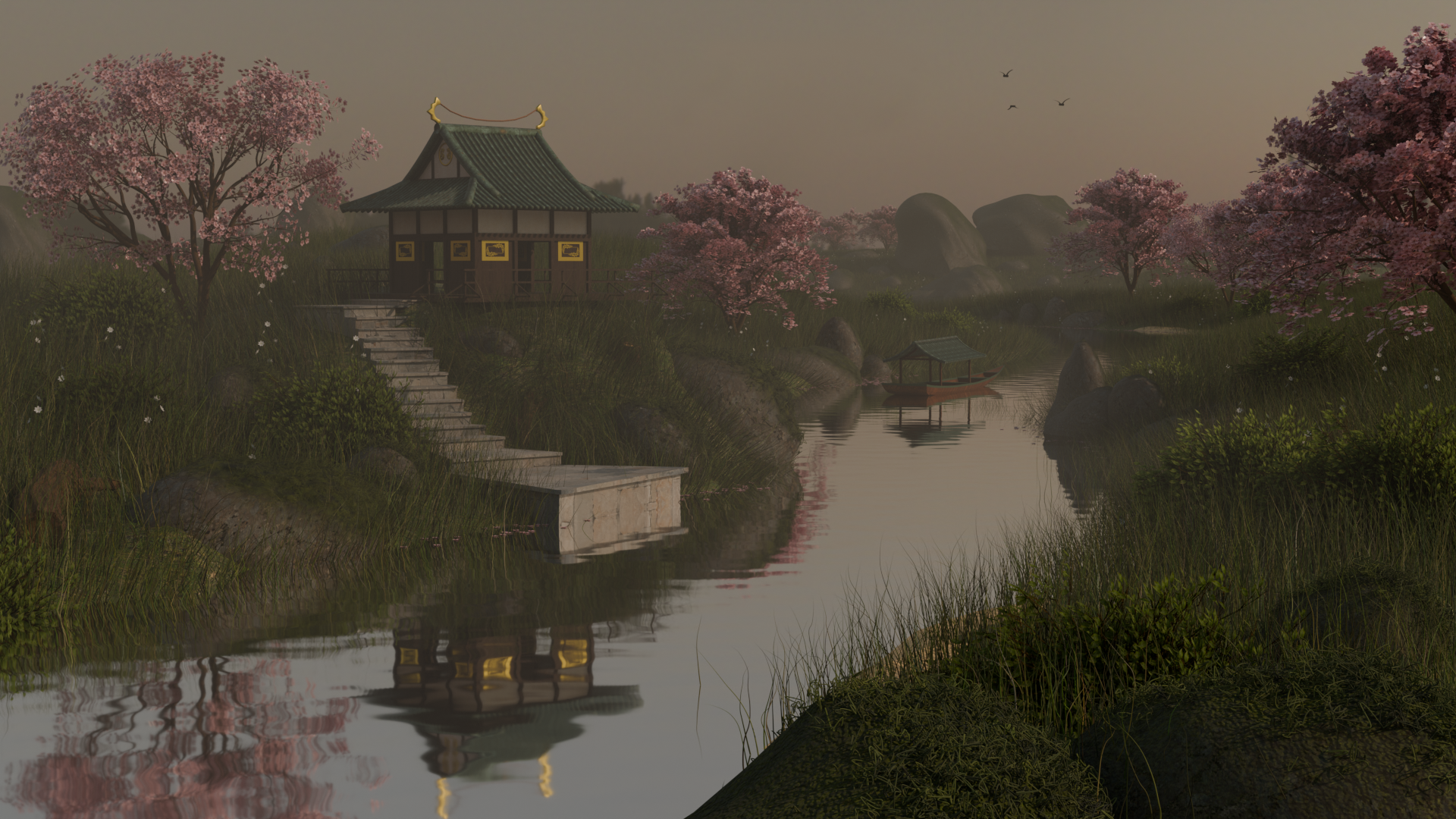 Japanese shrine and river at dusk
