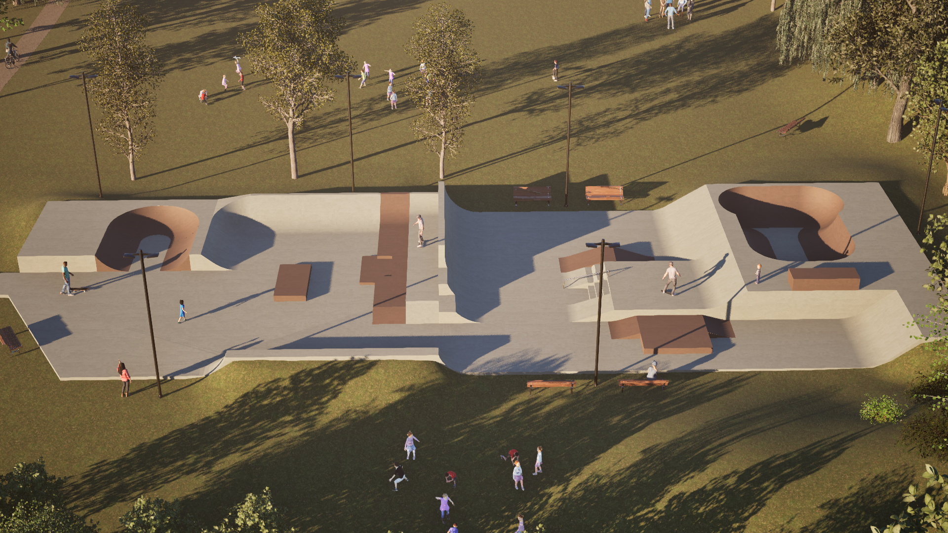 Bird's-eye architectural visualisation of the Long Ashton Skatepark Project