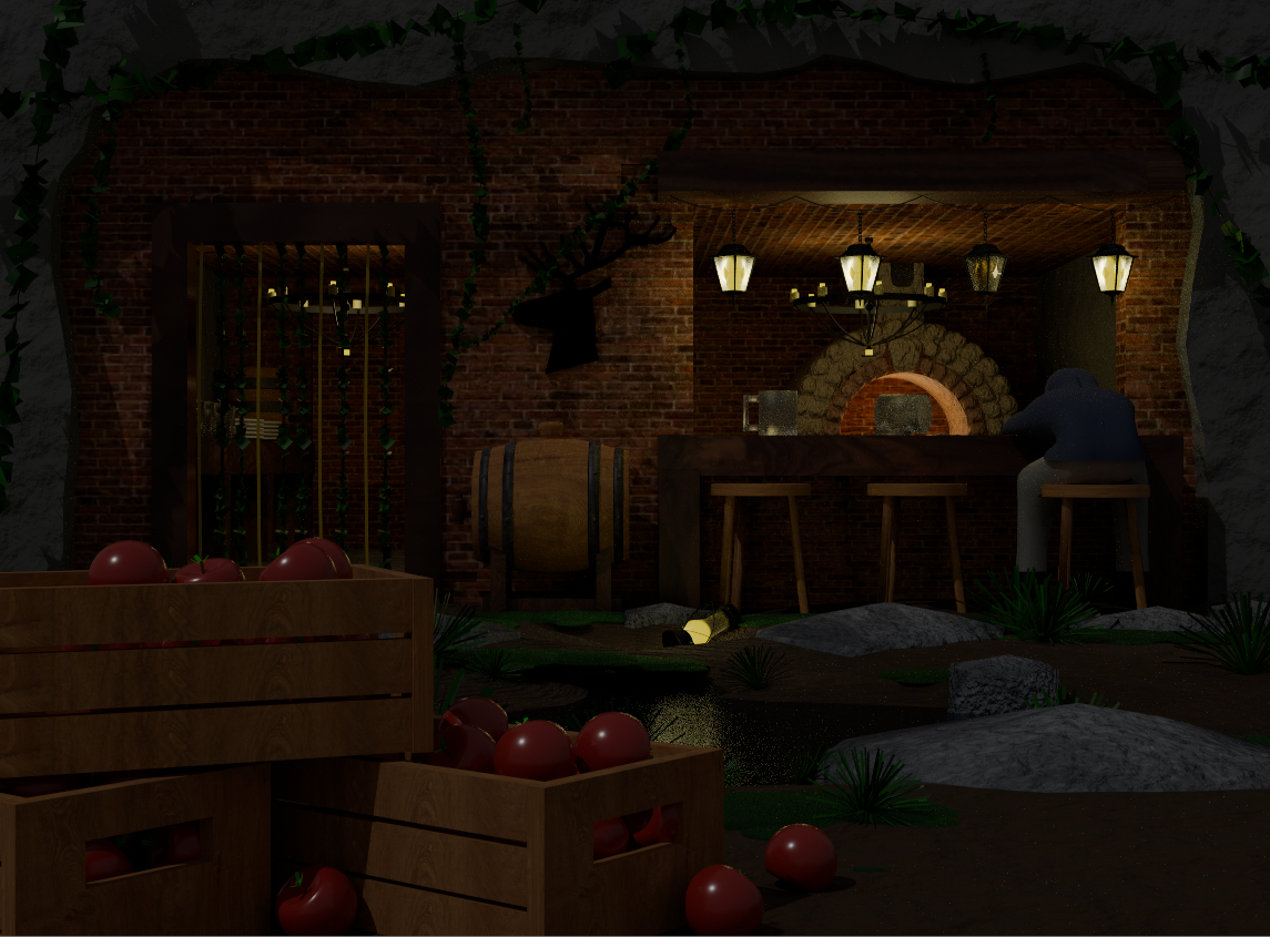 3D render of an abandoned bar interior with atmospheric lighting